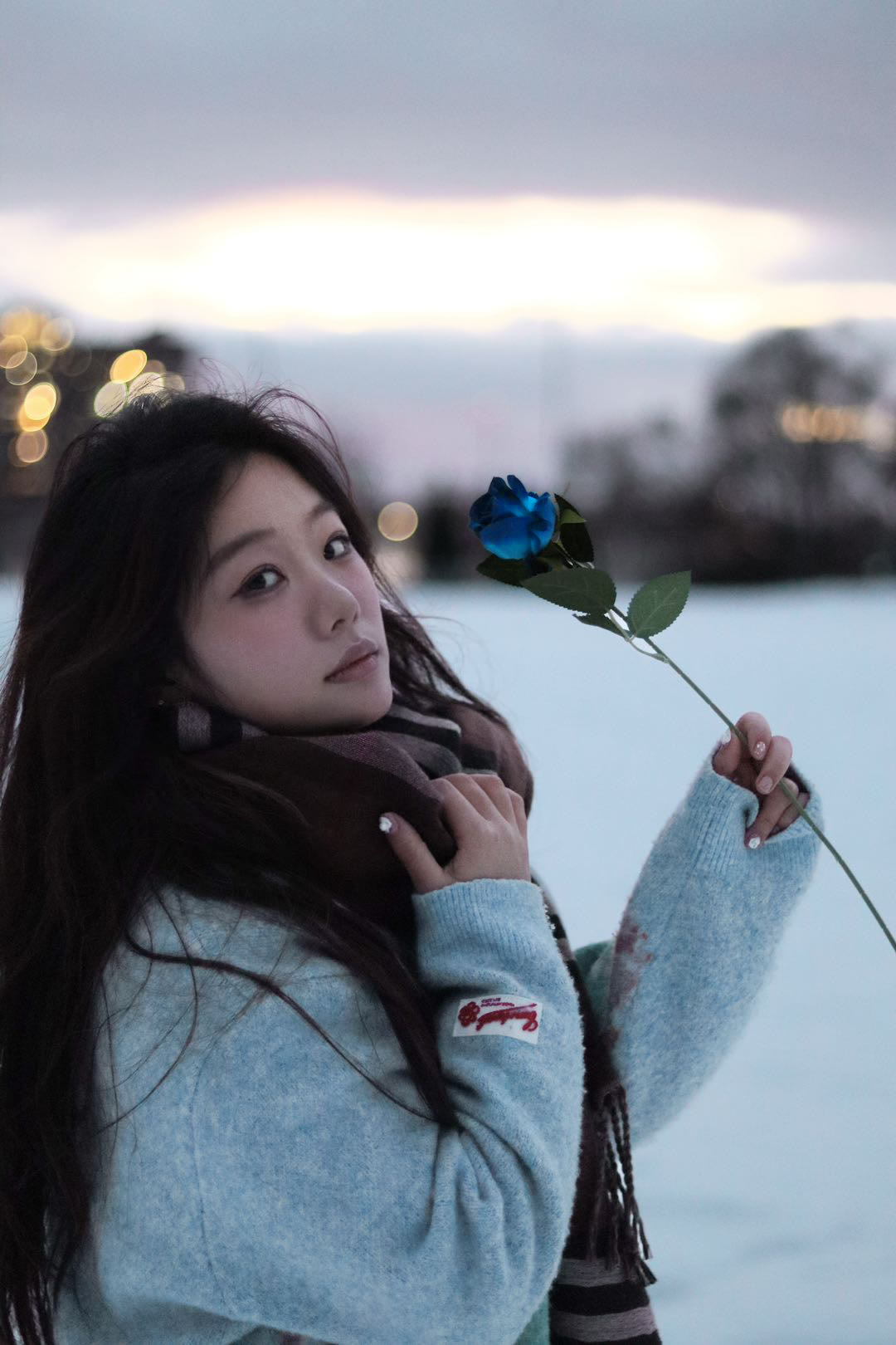 Personal winter portrait holding a blue rose in Ottawa